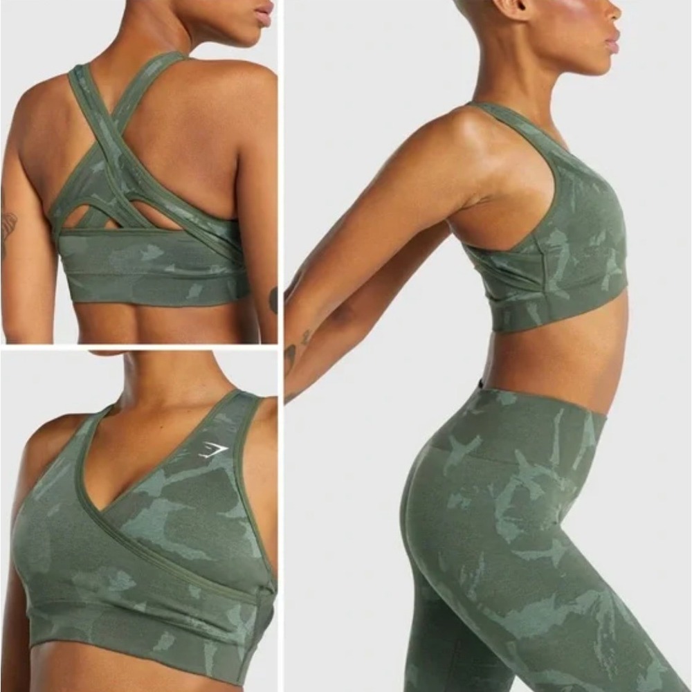 Gymshark Camo Cross Over Front Sports Bra, Green,‎ Size S